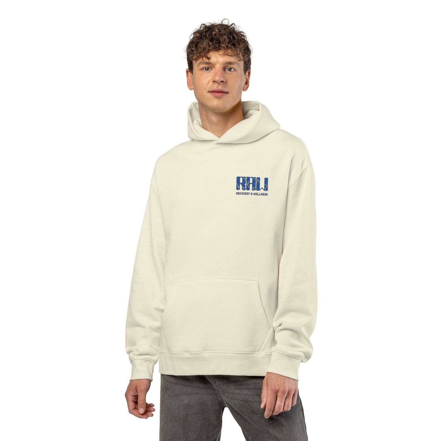Relaxed Hoodie — Minimal 'RHU' Blue Mosaic Chest Logo Hoodie