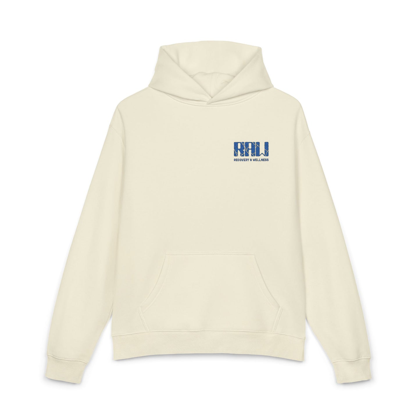 Relaxed Hoodie — Minimal 'RHU' Blue Mosaic Chest Logo Hoodie