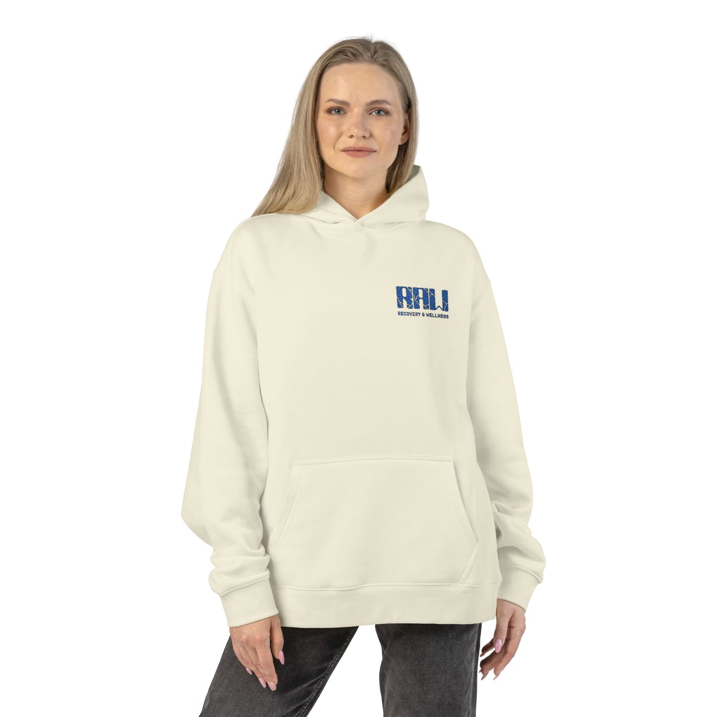 Relaxed Hoodie — Minimal 'RHU' Blue Mosaic Chest Logo Hoodie