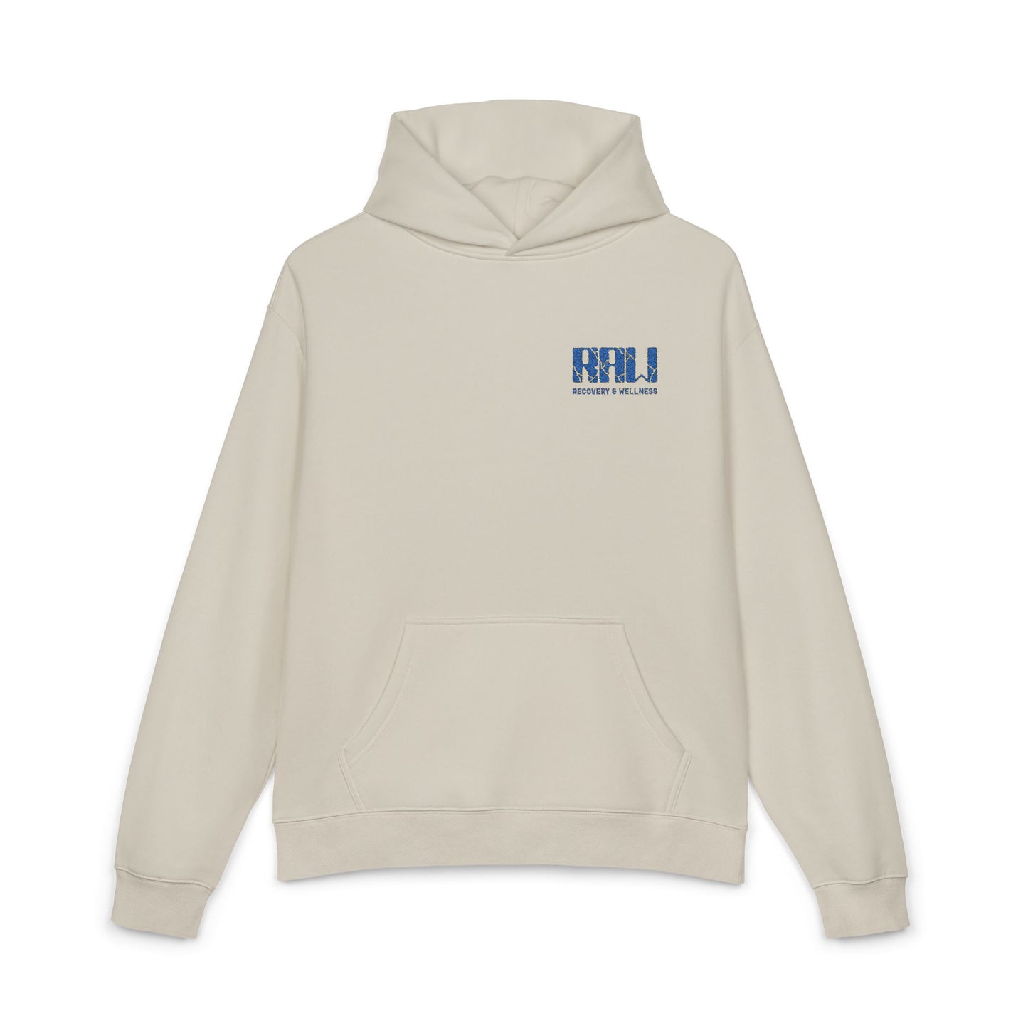 Relaxed Hoodie — Minimal 'RHU' Blue Mosaic Chest Logo Hoodie