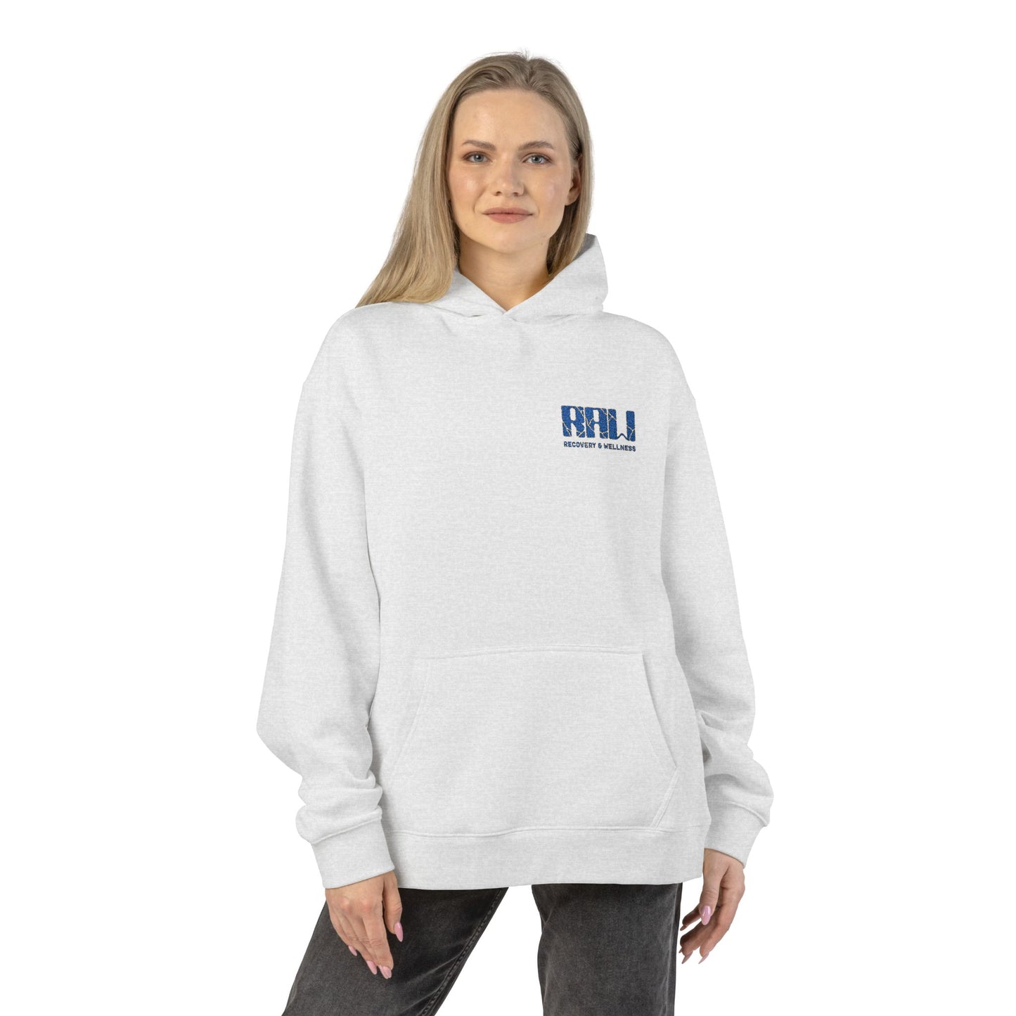 Relaxed Hoodie — Minimal 'RHU' Blue Mosaic Chest Logo Hoodie