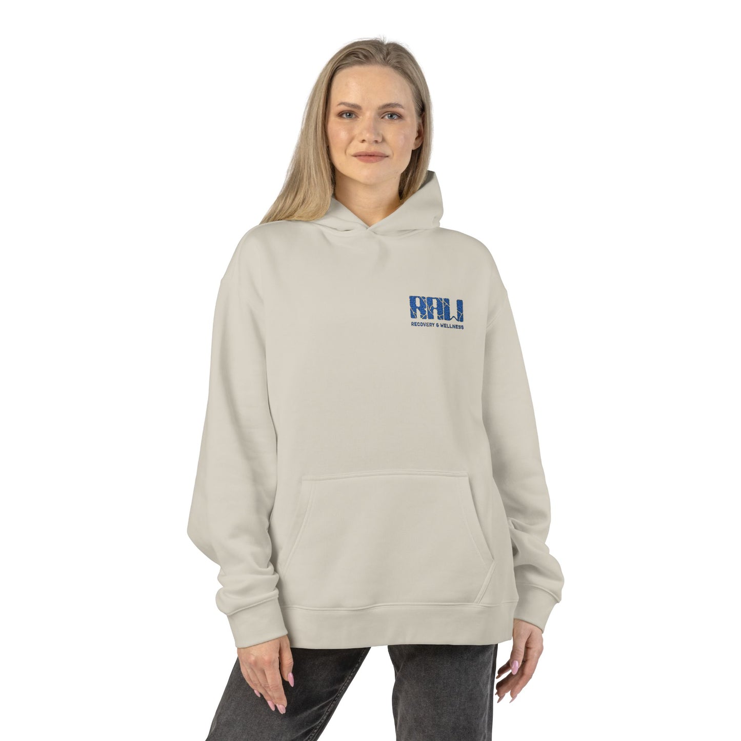 Relaxed Hoodie — Minimal 'RHU' Blue Mosaic Chest Logo Hoodie