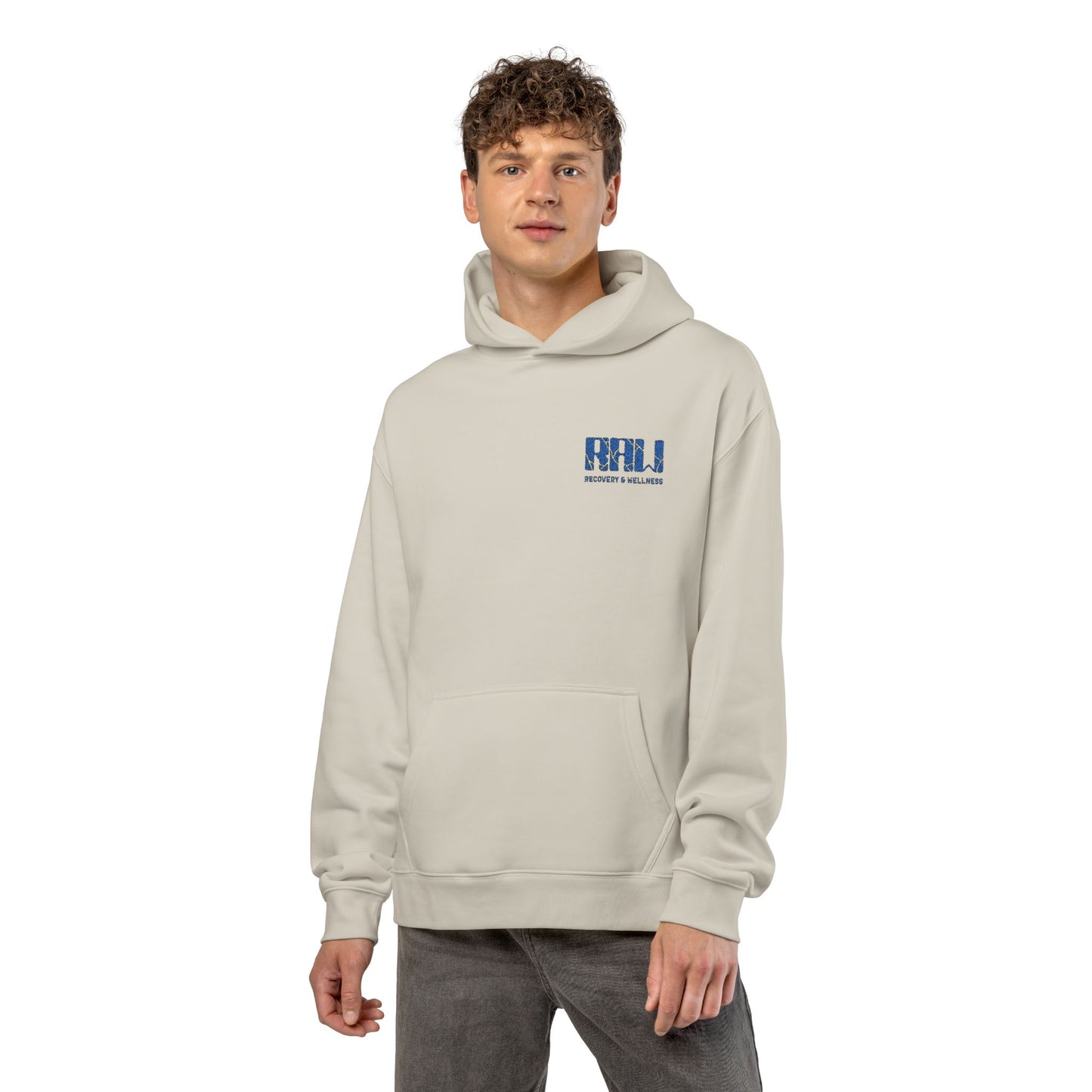 Relaxed Hoodie — Minimal 'RHU' Blue Mosaic Chest Logo Hoodie